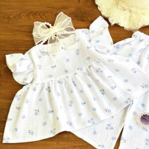 بلوز شلوارک گل آبی